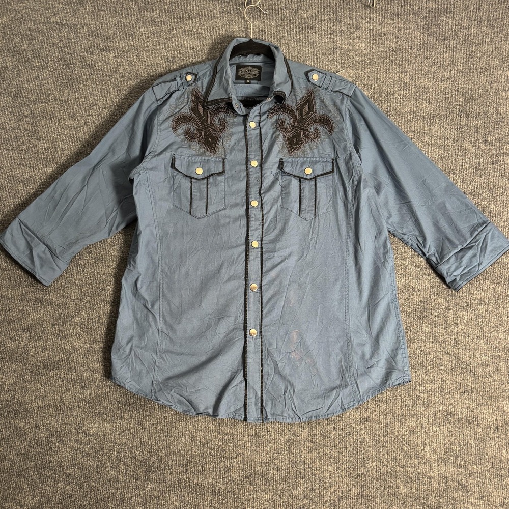 Montero Jeans‎ Shirt Mens XL Blue Western Fleur De Lis Embroidered Snap Button